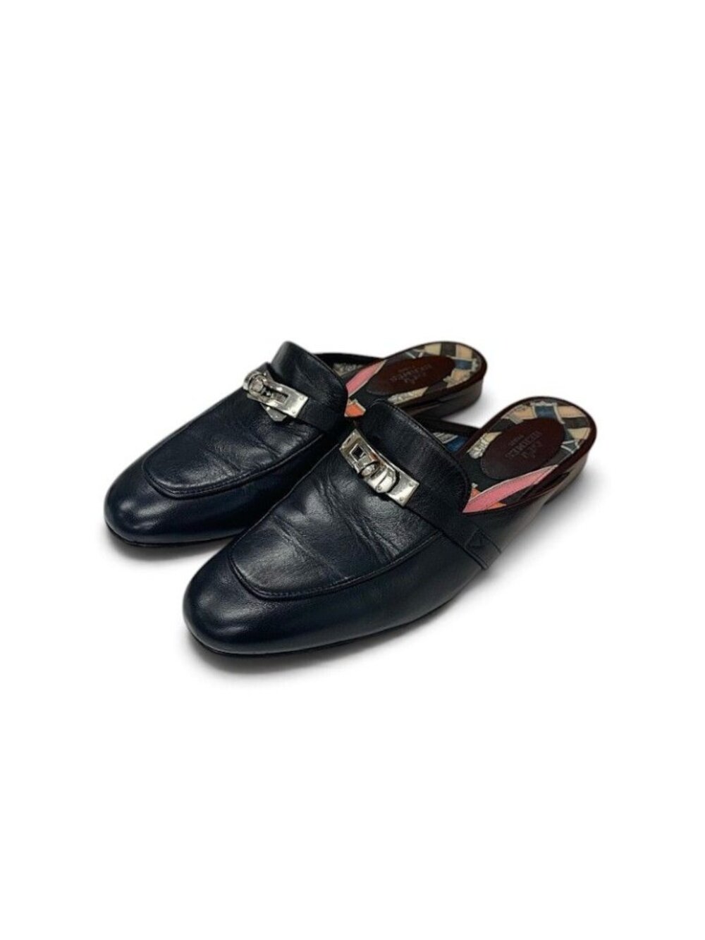 Hermes Oz Flat Shoes Leather Black Silver Kelly Mules Slippers Sandals